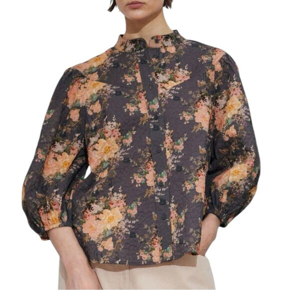 & Other Stories Paris Atelier Cottage Floral Gray & Pink Cotton Blouse Size 8 - Picture 3 of 16